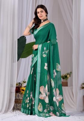 Green Printed Cotton Saree Set