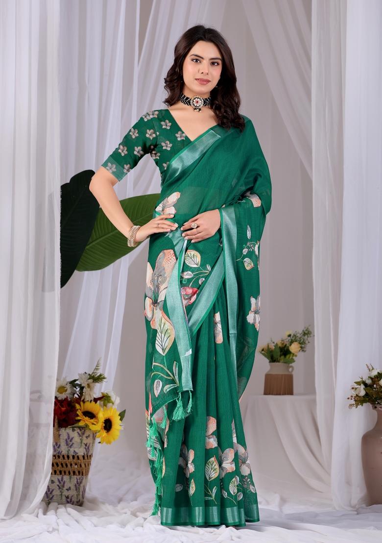 Green Printed Cotton Saree Set - Indya