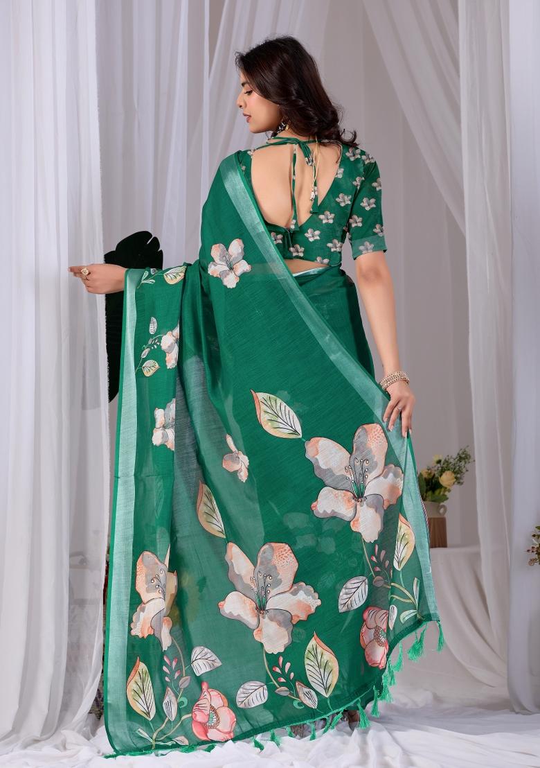 Green Printed Cotton Saree Set - Indya