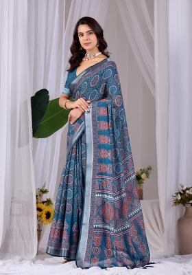 Teal Blue Printed Cotton Saree Set