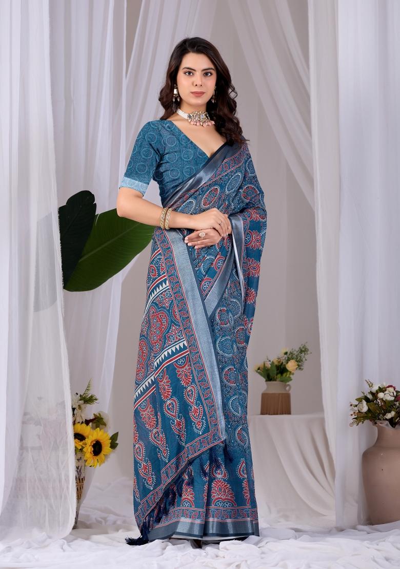 Teal Blue Printed Cotton Saree Set - Indya
