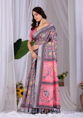 Pink Printed Cotton Saree Set