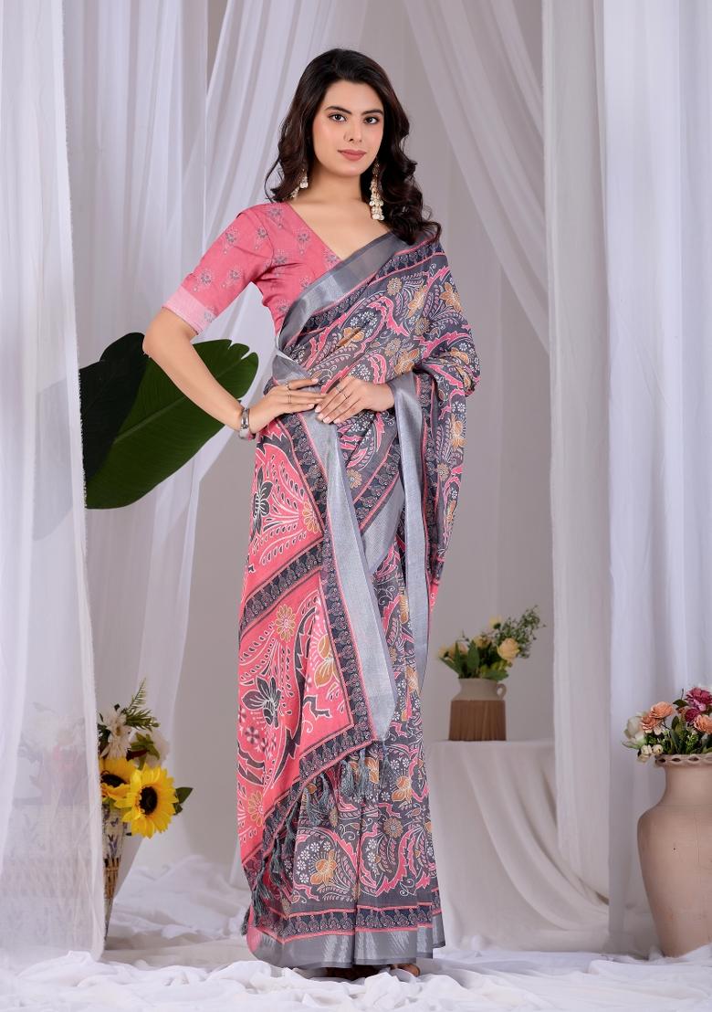 Pink Printed Cotton Saree Set - Indya
