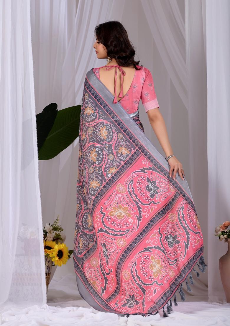 Pink Printed Cotton Saree Set - Indya