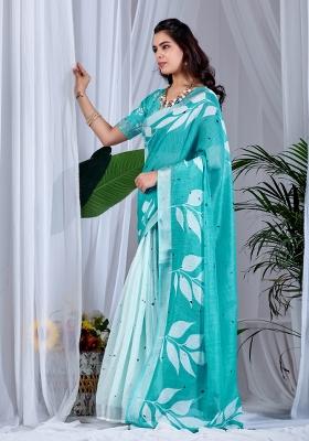 Sea Green Printed Cotton Saree Set