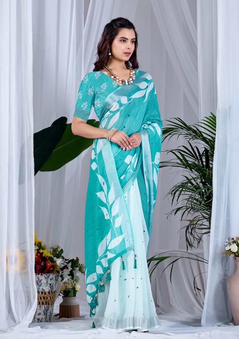 Sea Green Printed Cotton Saree Set - Indya