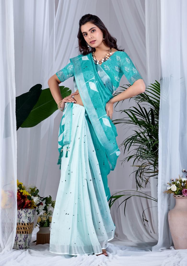 Sea Green Printed Cotton Saree Set - Indya