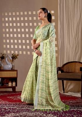 Pista Printed Cotton Saree Set
