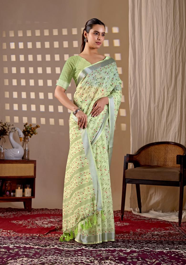 Pista Printed Cotton Saree Set - Indya