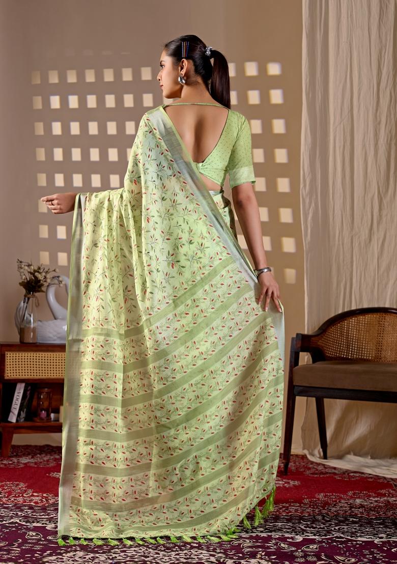 Pista Printed Cotton Saree Set - Indya