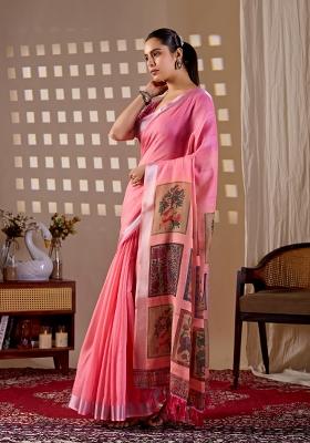 Pink Printed Cotton Saree Set