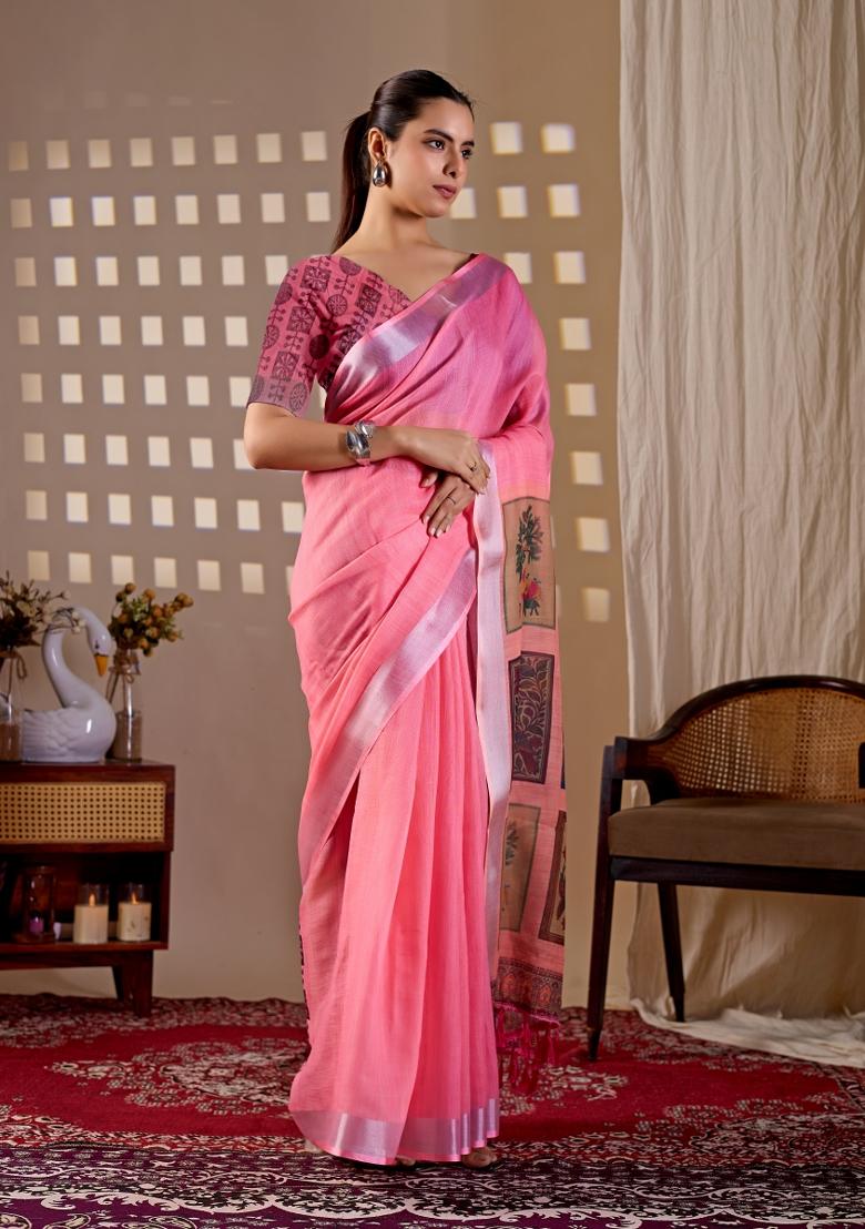 Pink Printed Cotton Saree Set - Indya