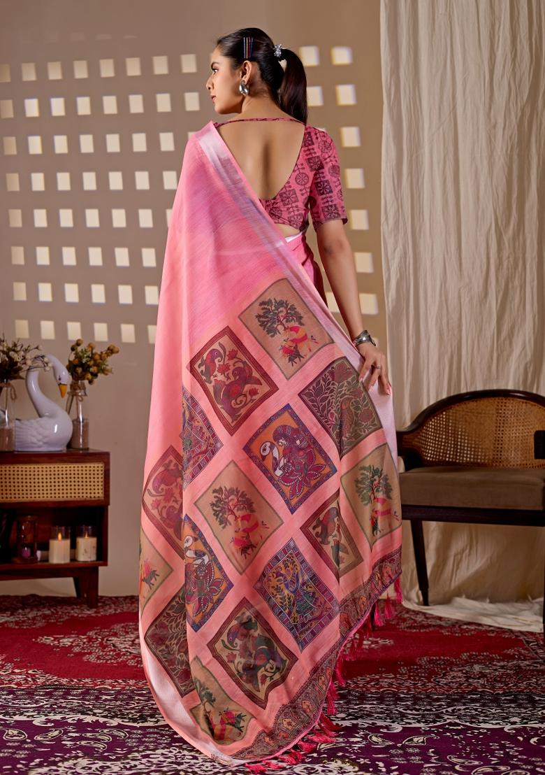Pink Printed Cotton Saree Set - Indya