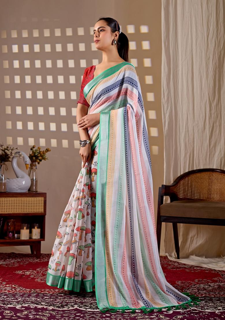 Multicolor Printed Cotton Saree Set - Indya