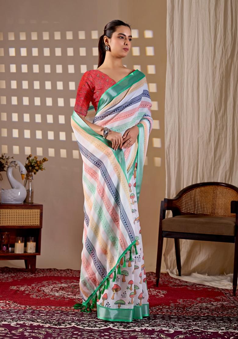 Multicolor Printed Cotton Saree Set - Indya