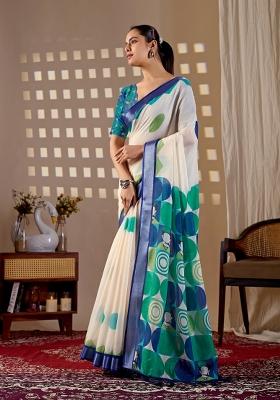 Cream Printed Cotton Saree Set