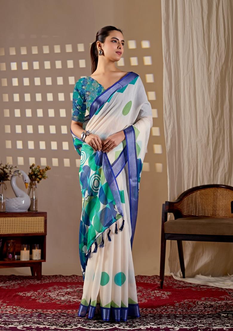 Cream Printed Cotton Saree Set - Indya