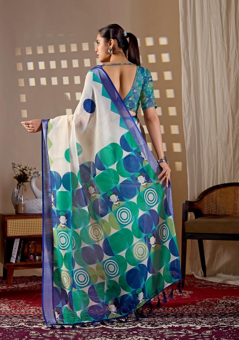 Cream Printed Cotton Saree Set - Indya