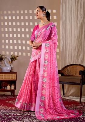 Pink Printed Cotton Saree Set