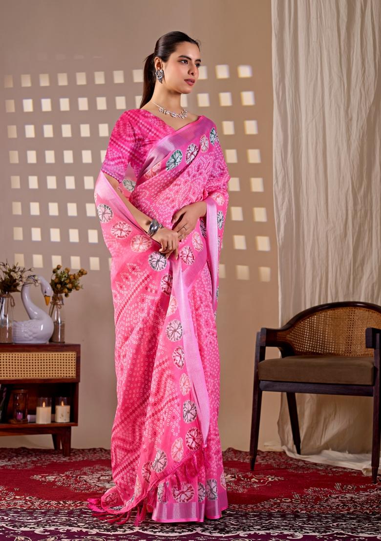 Pink Printed Cotton Saree Set - Indya