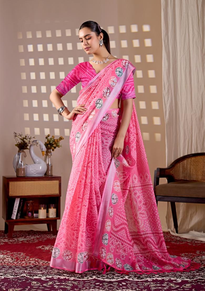Pink Printed Cotton Saree Set - Indya