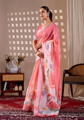 Peach Printed Cotton Saree Set