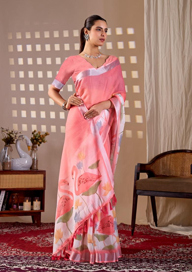 Peach Printed Cotton Saree Set - Indya