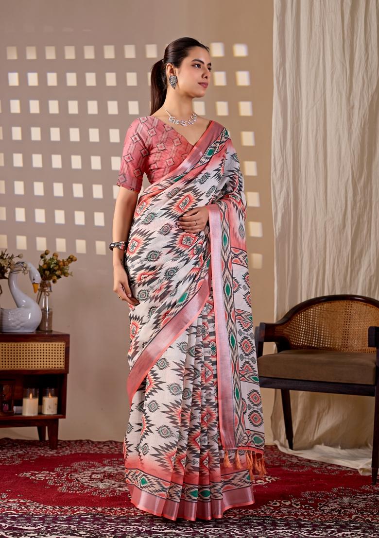 Multicolor Printed Cotton Saree Set - Indya