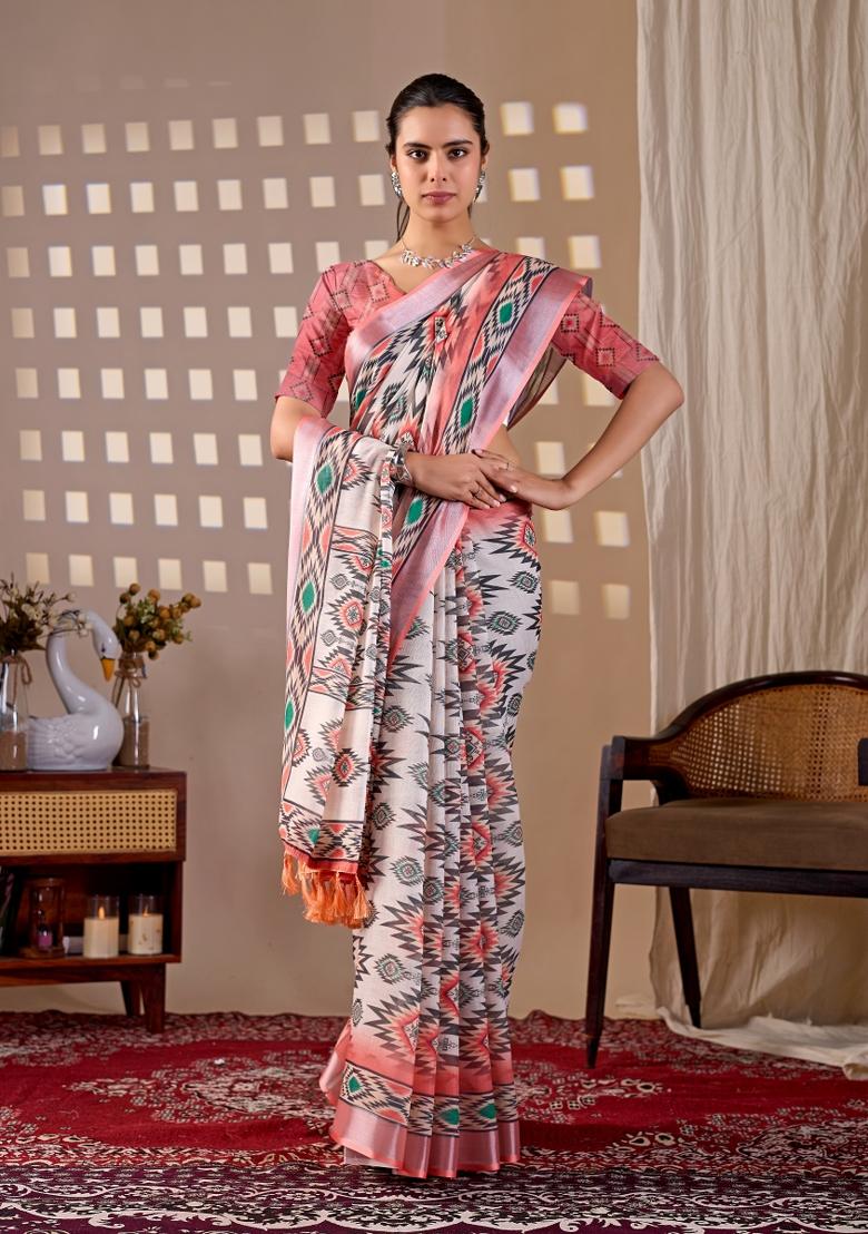 Multicolor Printed Cotton Saree Set - Indya