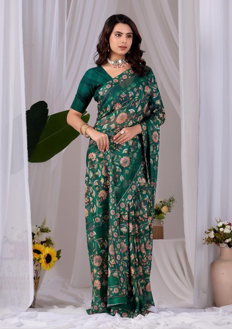 Green Printed Monsoon Saree Set - Indya