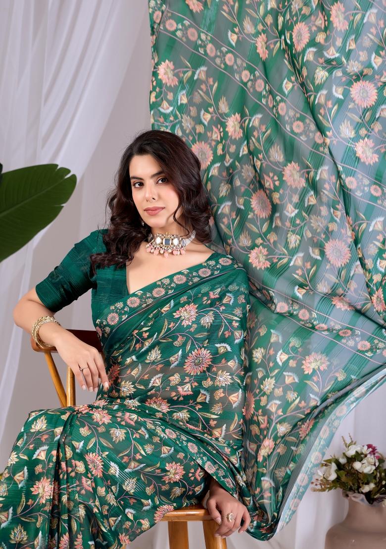 Green Printed Monsoon Saree Set - Indya