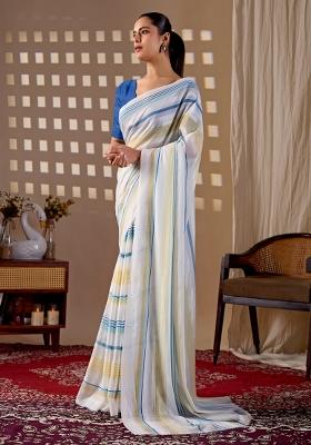White Printed Monsoon Saree Set