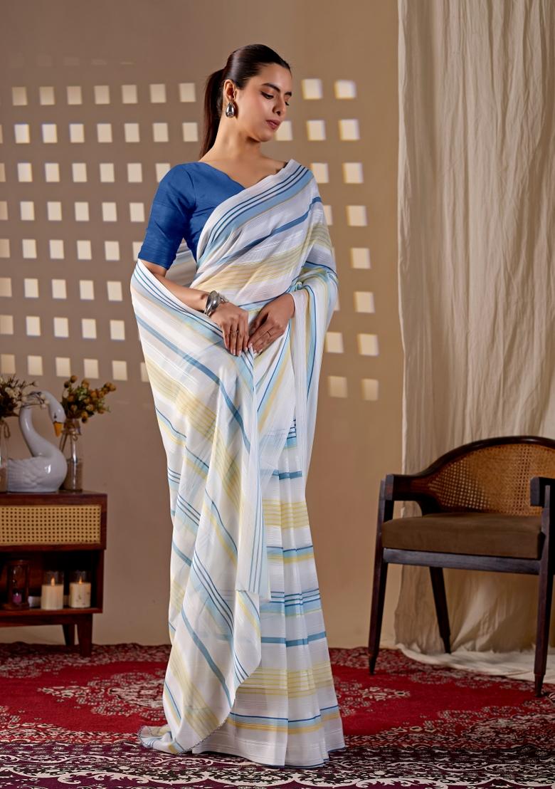 White Printed Monsoon Saree Set - Indya