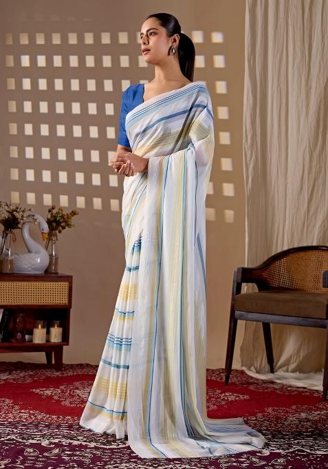 White Printed Monsoon Saree Set