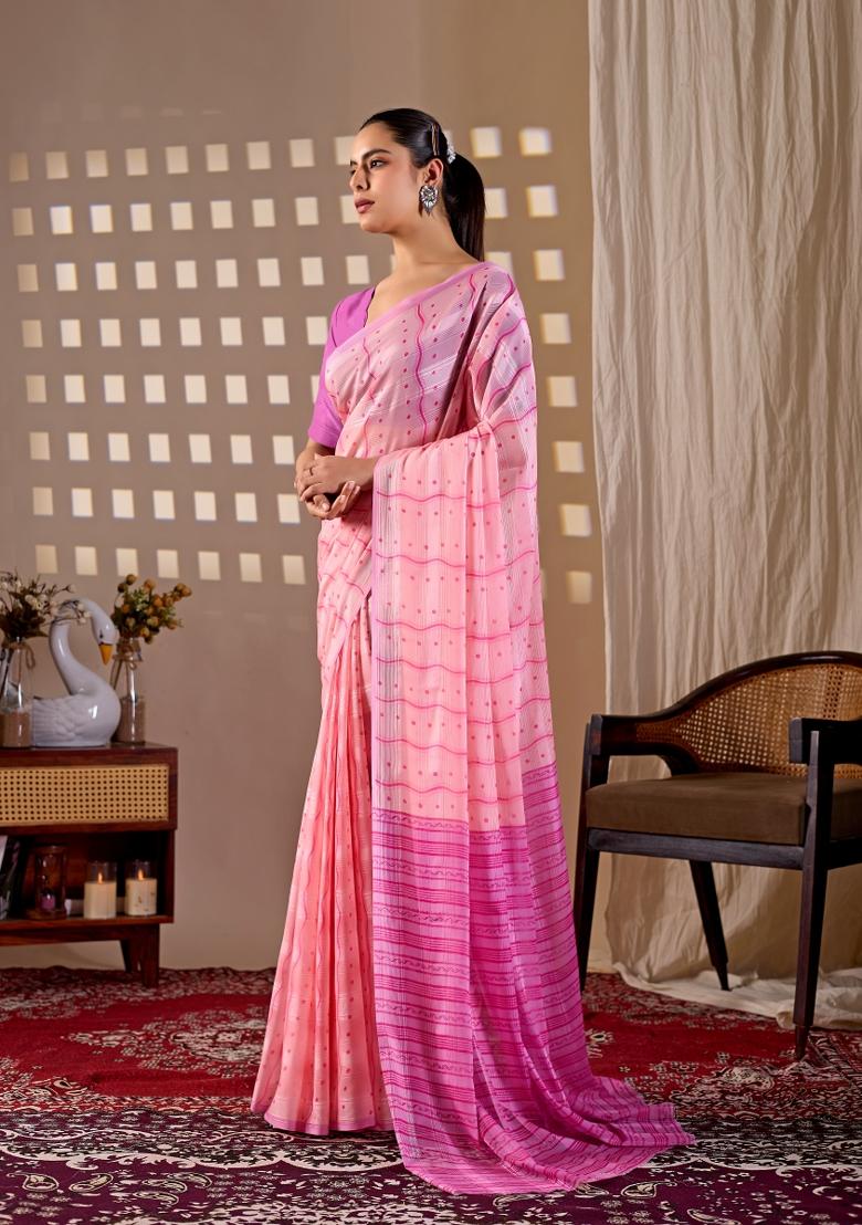 Pink Printed Monsoon Saree Set - Indya