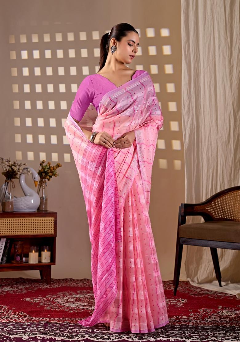 Pink Printed Monsoon Saree Set - Indya