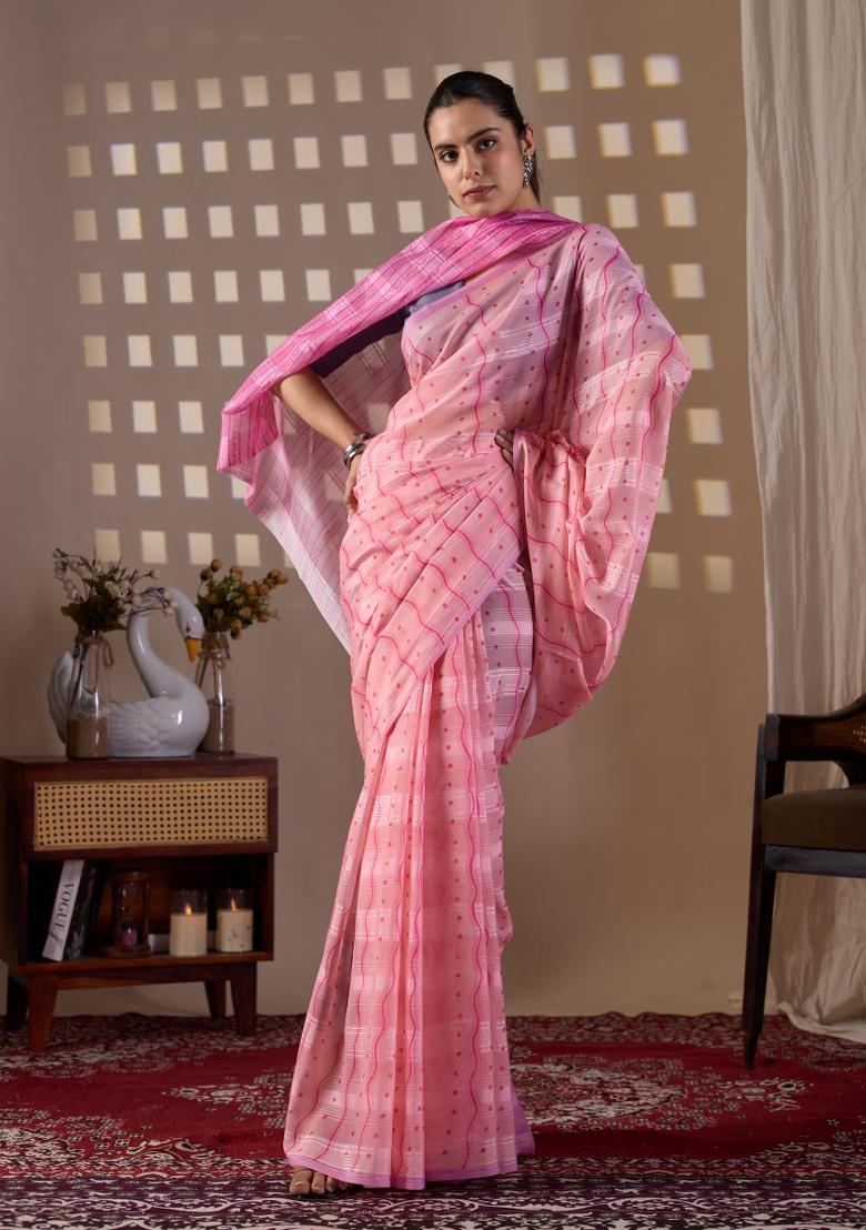 Pink Printed Monsoon Saree Set - Indya