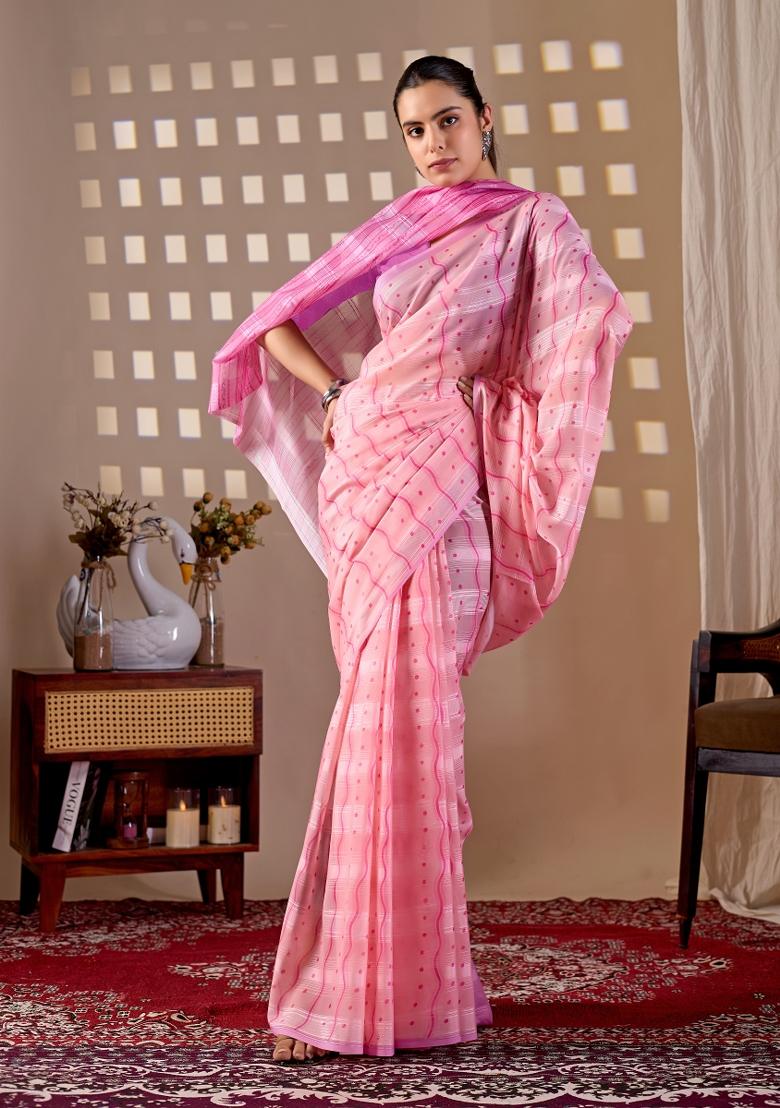 Pink Printed Monsoon Saree Set - Indya