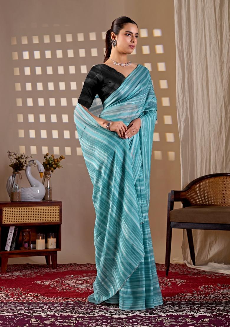 Sea Green Printed Monsoon Saree Set - Indya