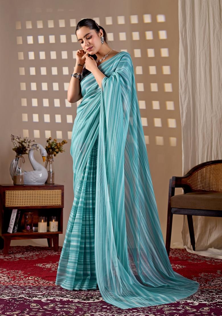 Sea Green Printed Monsoon Saree Set - Indya