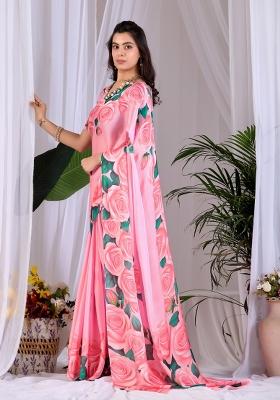 Pink Floral Print Satin Saree Set