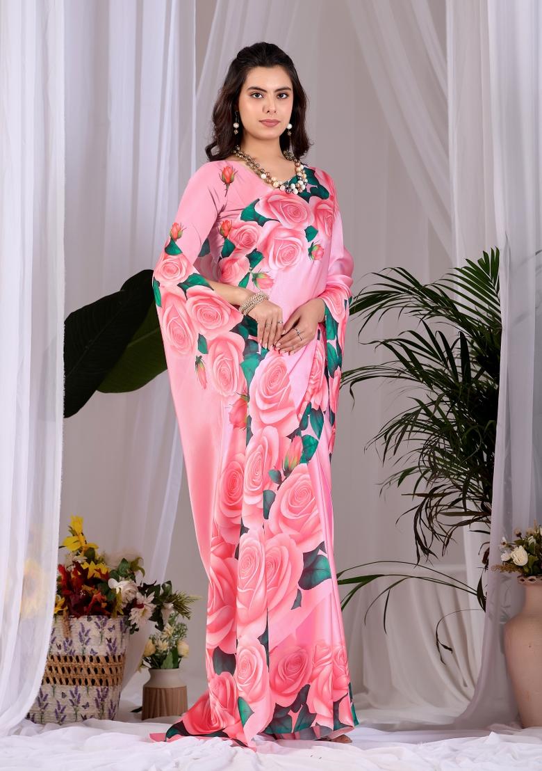 Pink Floral Print Satin Saree Set - Indya