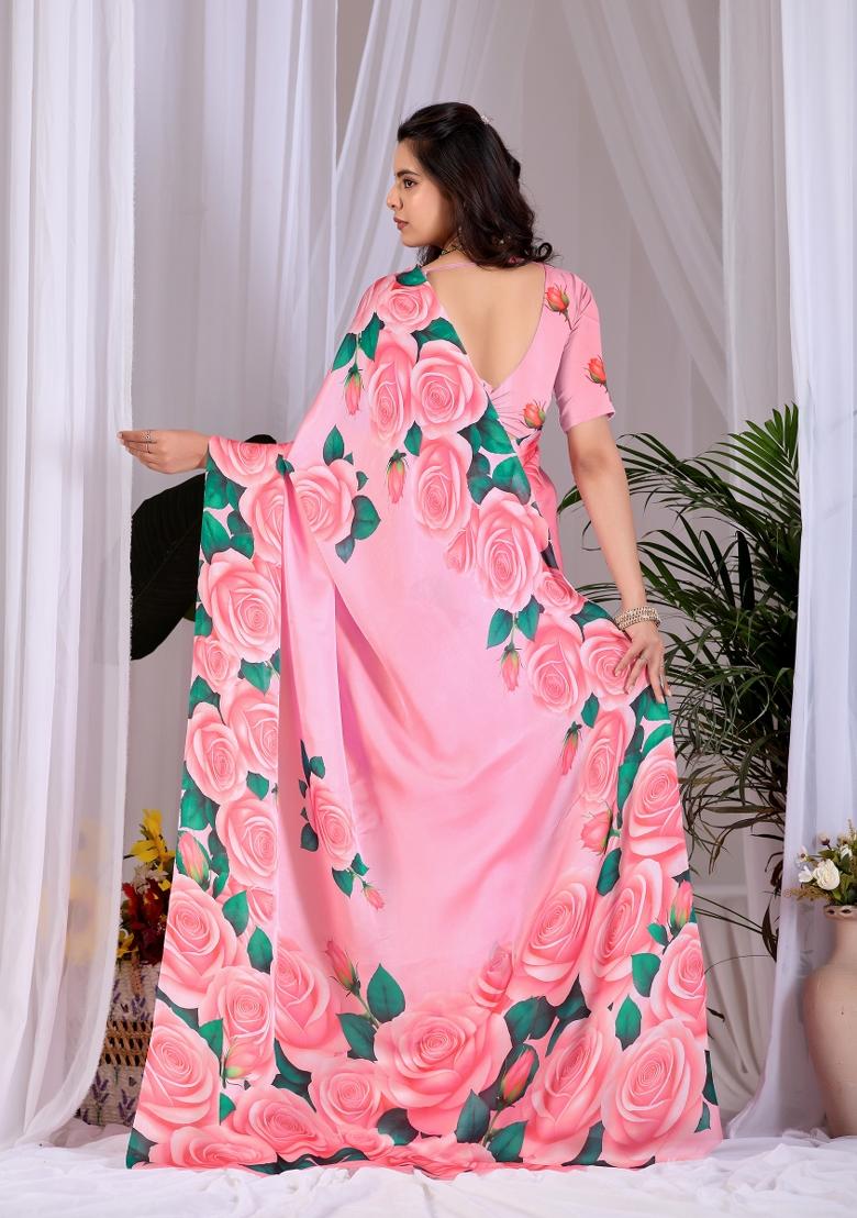 Pink Floral Print Satin Saree Set - Indya