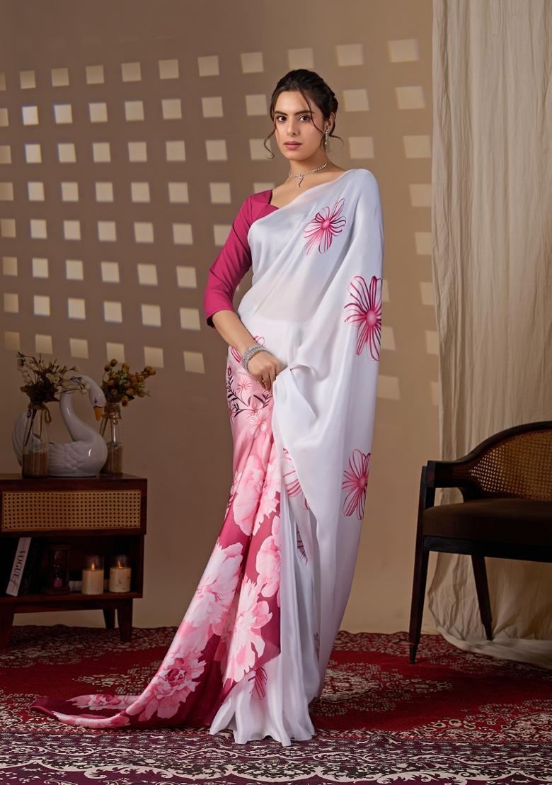 White Floral Print Satin Saree Set - Indya