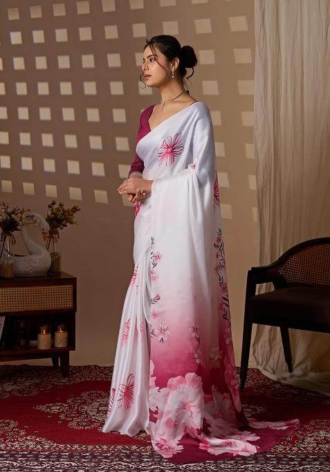 White Floral Print Satin Saree Set