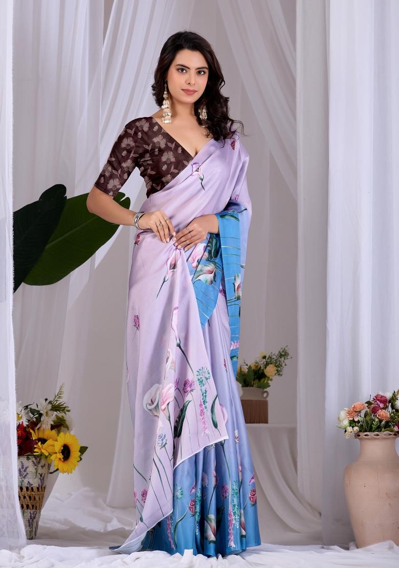 Lavender Floral Print Satin Saree Set - Indya