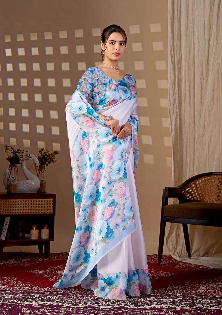 Light Pink Floral Print Satin Saree Set - Indya