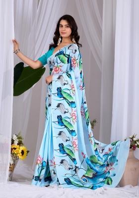 Sea Green Floral Print Satin Saree Set