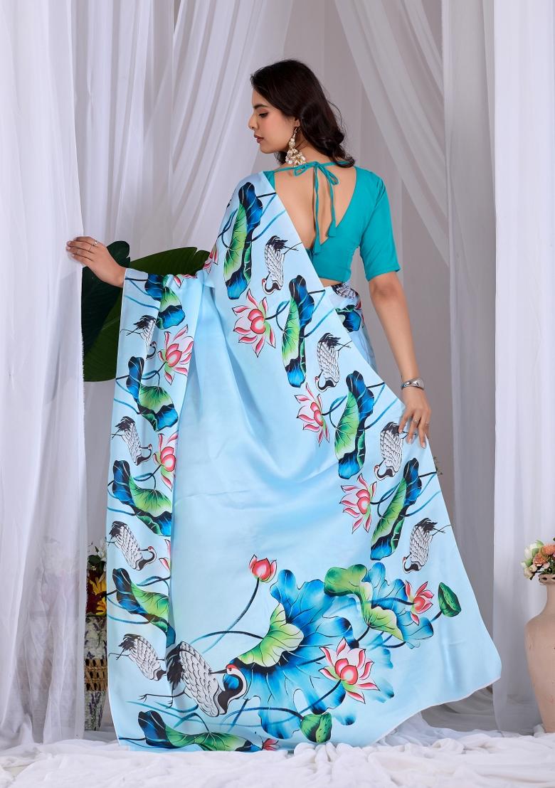 Sea Green Floral Print Satin Saree Set - Indya