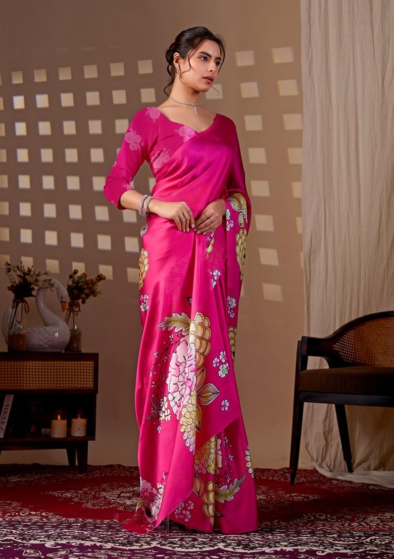Magenta Floral Print Satin Saree Set - Indya